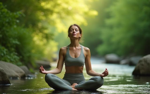 Person meditating peacefully in nature, representing mindfulness.